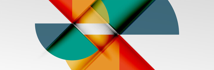 Bright color circles, abstract round shapes and triangles composition with shadow effects. Vector modern geometric design template