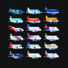 Vehicles aircraft, set of airplanes icons pixel art 80s style, planes air transport, aircraft isolated vector flat style illustration. Design for stickers, logo, embroidery, mobile app. 8-bit sprite.