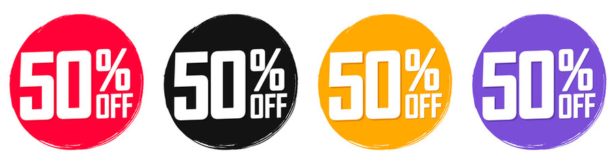 Set Sale 50% off banners, discount tags design template, grunge brush, vector illustration