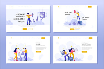 Obraz na płótnie Canvas Landing Page Business and finance Vector Illustration flat gradient design style, target goals, saving money, exchange dollar to euro, shield protection