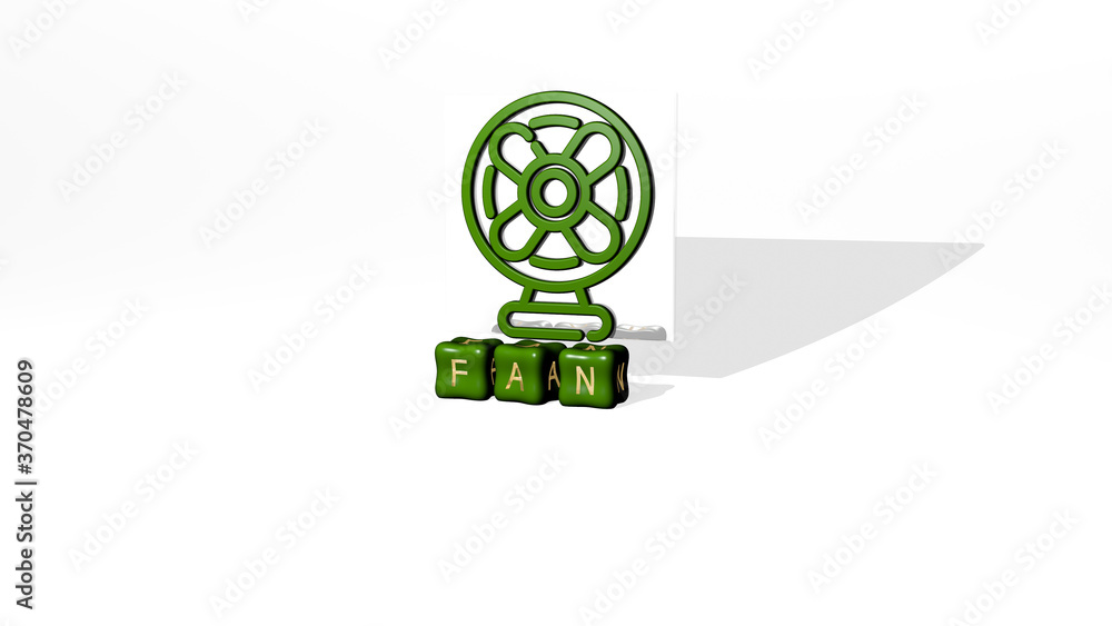 Poster 3d graphical image of fan vertically along with text built by metallic cubic letters from the top pe