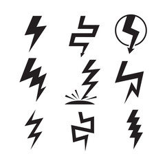 Lightnings Icons Set Isolated on White Background. Monochrome Symbols of Zigzag Arrows, Strike or Flash Warning Sign