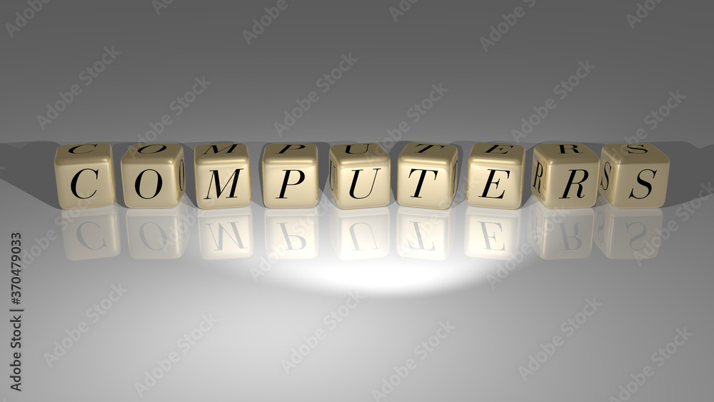 Poster computers text of cubic dice letters on the floor and 3d icon on the wall. 3d illustration. business