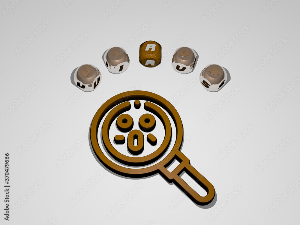 Aufkleber virus circular text of separate letters around the 3d icon. 3d illustration. background and concept