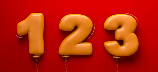 1, 2, 3 yellow made of realistic 3d render air balloon on a red background. Collection of balloons number ready to use for unique decoration with several concept idea in any occasion. 3d illustration