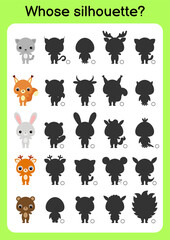 Game template find correct shadow. Matching game for children. Educational activity page for preschool years kids and toddlers. Set of cartoon animals. Colorful vector stock illustration.