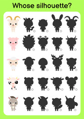 Game template find correct shadow. Matching game for children. Educational activity page for preschool years kids and toddlers. Set of cartoon animals. Colorful vector stock illustration.