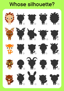 Game template find correct shadow. Matching game for children. Educational activity page for preschool years kids and toddlers. Set of cartoon animals. Colorful vector stock illustration.
