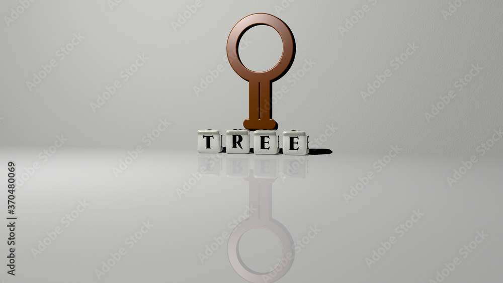 Poster tree text of cubic dice letters on the floor and 3d icon on the wall. 3d illustration. background an