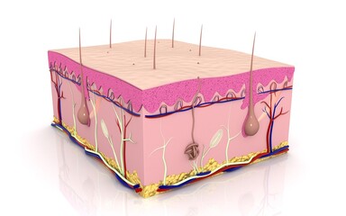 Human skin. Layered epidermis with hair follicle, sweat and sebaceous glands. Healthy skin anatomy medical vector 3d illustration