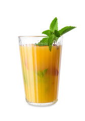 Glass of tasty peach juice on white background