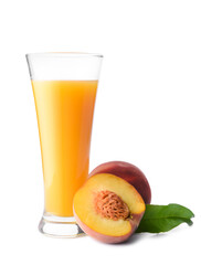 Glass of tasty peach juice on white background