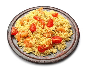 Plate with tasty pilaf on white background