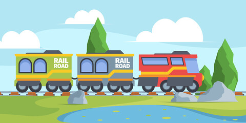 Fototapeta na wymiar Toy train on railroad illustration. Fun journey through picturesque meadow with lake and trees colored locomotive moves to stop interesting entertainment for children. Vector colorful.