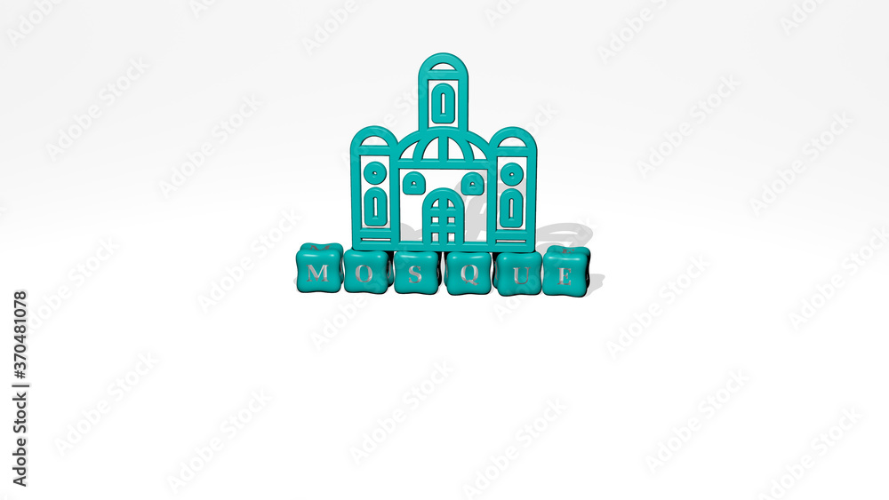 Poster mosque 3d icon object on text of cubic letters. 3d illustration. architecture and building