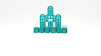 MOSQUE 3D icon object on text of cubic letters. 3D illustration. architecture and building