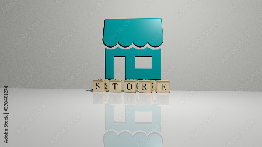 Poster store text of cubic dice letters on the floor and 3d icon on the wall. 3d illustration. business and