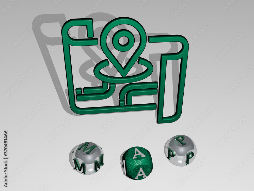 Poster map round text of cubic letters around 3d icon. 3d illustration. background and abstract
