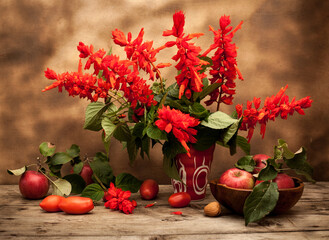 still life with red Salvia, tomatoes and apples