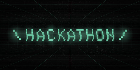 Hackathon 8 bit green glitch title on laser grid background. Hack marathon retro science style banner. VHS effect. Cyberspace concept. Design for banner, flyer, poster, cover, web. Vector