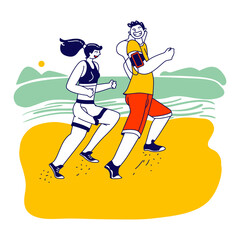 Happy Couple Characters Man Woman in Sports Wear Running on Beach Seascape Background. Summertime Outdoor Sport Activity