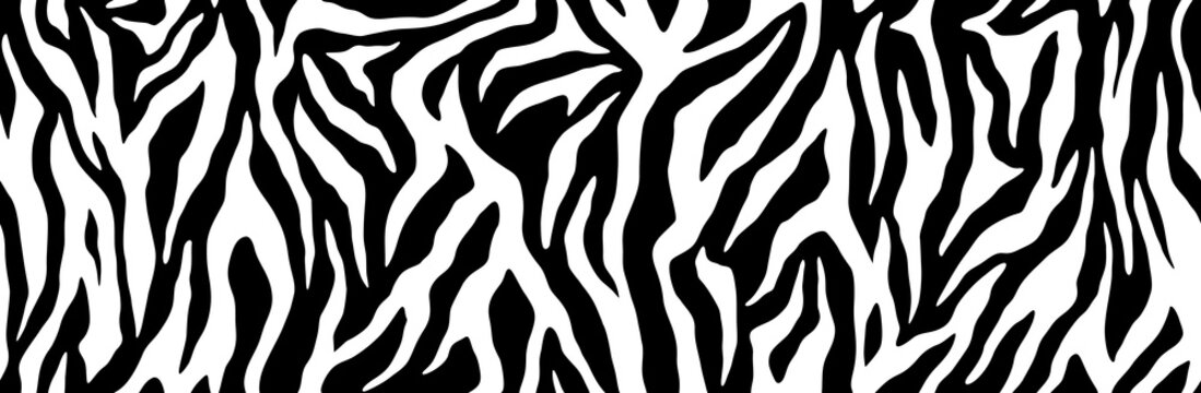 Black and white zebra stripes seamless pattern. Animal skin for print textile design. Line background, fashion fabric art. Abstract curved black lines ornament. Vector texture