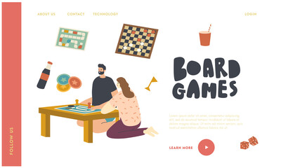 Characters Sitting at Table Playing Board Game Landing Page Template. Couple Spare Time Recreation, Weekend Activity