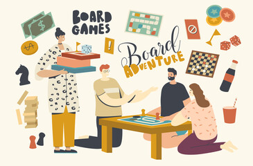 Characters Playing Board Games. Group of Young People Play Together on Weekend Sitting Around Table, Time with Friends © Pavlo Syvak