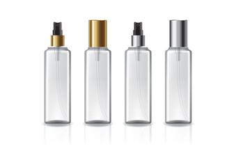 Clear square cosmetic bottle with 2 colors gold-silver spray head for beauty or healthy product.