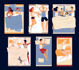 Family with children sleeping in bed scenes in bedroom set of flat vector illustrations.