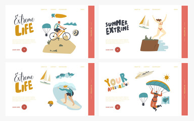 Leisure Sport Xtreme Recreation Landing Page Template Set. Characters Summer Extreme Sport Activity Surfing, Paragliding