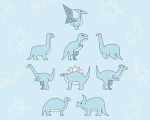 Dinosaurs Icons set - Vector color symbols and outline of triceratops, stegosaurus, tyrannosaurus and other animals of the Jurassic period for the site or interface
