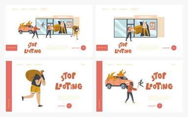 Stop Looting Landing Page Template Set. Aggressive Masked Male Characters Breaking Store Showcase for Steeling Goods