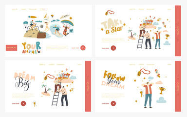 Follow Dream Landing Page Template Set. Characters Climb Ladder Up to Cloud, Get Star from Sky, Aspiration or Motivation