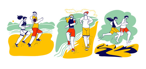 Happy Couple Man Woman Characters in Sports Wear and Sneakers Running on Beach. Summer Outdoor Sport Activity, Jogging