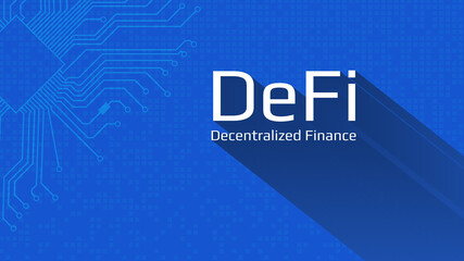 Defi - decentralized finance. An ecosystem of financial applications and services based on public blockchains. White lettering on a blue background with a printed circuit board. Vector EPS 10.