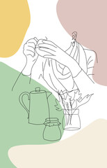 Autumn Cozy mood concept. line art female silhouette with a warming drink in hands. Coffee pot, jam, autumn leaves. abstraction. Modern hand drawn vector illustration isolated on white background.
