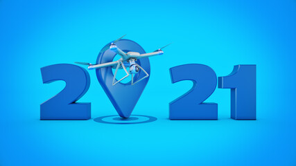 Small white drone concept 2021 New Year sign. 3d rendering.