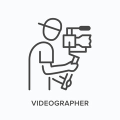 Video blogger flat line icon. Vector outline illustration of camera man, videographer holding steadicam. Photographer thin linear pictogram
