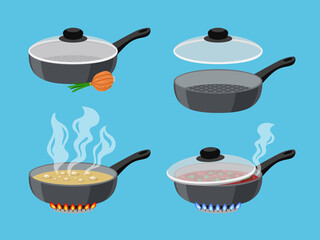 Cartoon cooking pans. Objects for kitchen on flaming gas burner, boiling food in pots, vector illustration of pans on stove with fire isolated on blue background © ssstocker