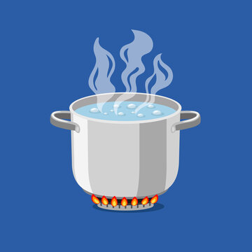 Pan on fire. Cartoon pot with hot boiling water, vector illustration of cooking object for kitchen on flaming gas isolated on blue background