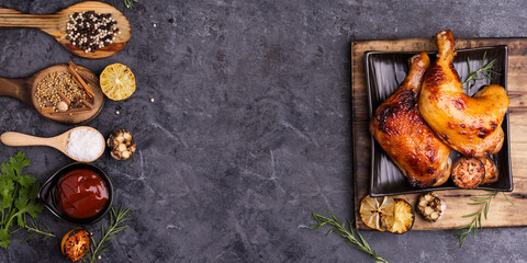 Obraz na płótnie Canvas Rosemary baked chicken served on a black plate with lemon sauce tomato garlic and spices placed on a black table Top view and there is a blank space for designing the text.
