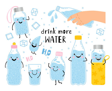 Drink more water. Cartoon characters of happy bottles with nature liquids, vector illustration concept of aqua balance for healthy and energy human body isolated on white background