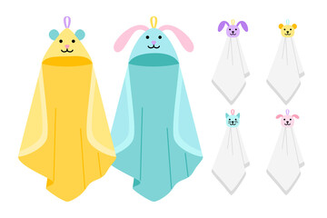 Funny animals kids towels. Childish cartoon cute hanging fabric for bath with animal faces, baby towels of cotton for spa or kitchen, childly cleaning items vector illustration on w