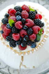 Pavlova cake. Dessert for breakfast. High quality photo.