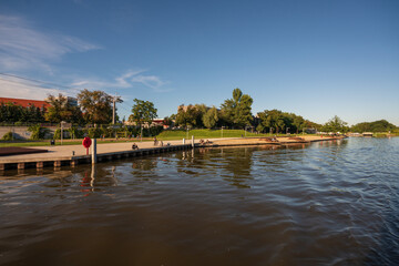Fototapeta premium Wroclaw, Poland August 5, 2020; View of the city of Wroclaw from the perspective of the Odra River.