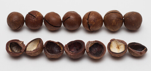 Macadamia nuts at the white backdrop. Isolated beans. Broken nuts. Tasty vegan snack. Organic diet food. Healthy delicious. Nuts and kernels on the white backdrop.  