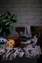 Cherry sour cream cake. .style rustic  . natural light