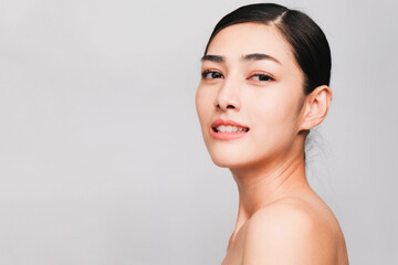 Side Face of Young beautiful asian woman with clean, fresh and bright skin, Happiness and cheerful with positive emotional,isolated on gray background,Beauty Cosmetics and Facial treatment Concept