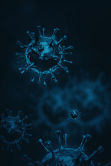 Coronavirus cells, bacteria or germs microorganism under microscope in the blue color illustration background